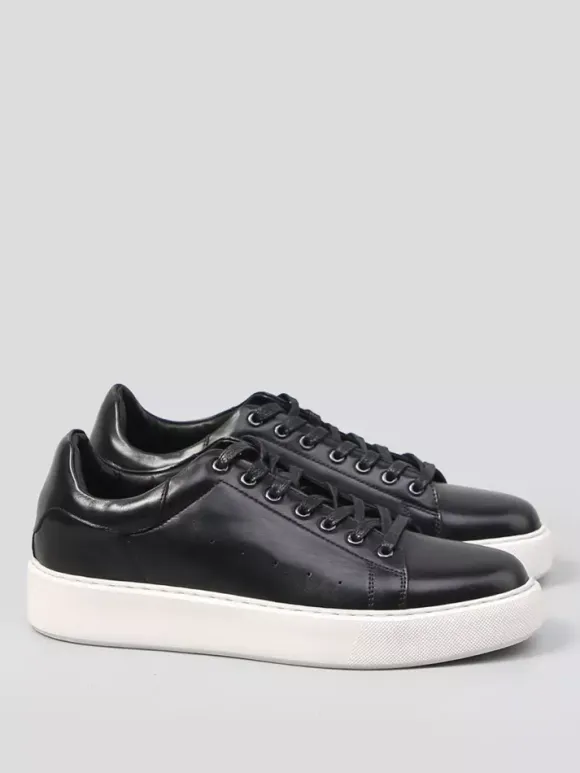 Black Men's Sneakers Genuine Leather Round Toe Lace Up Casual Shoes