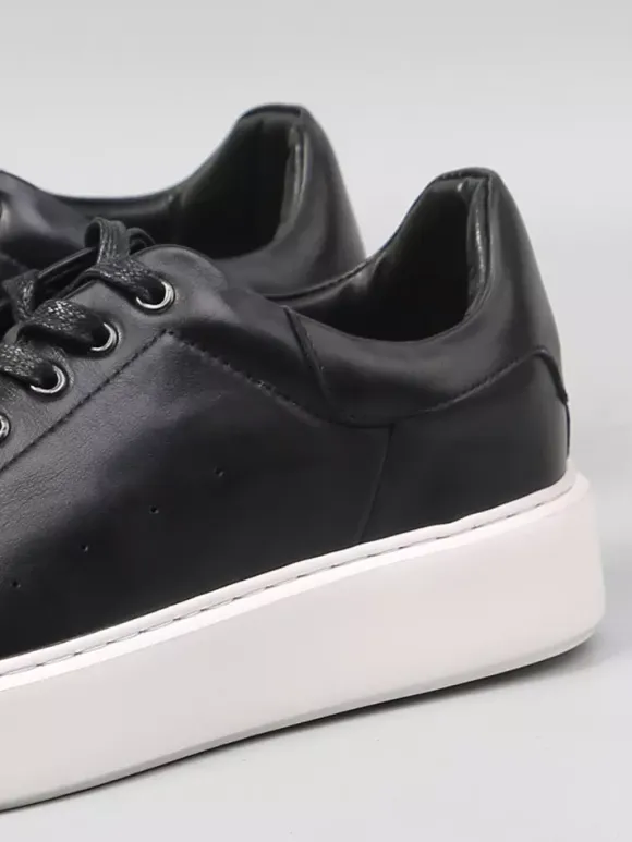 Black Men's Sneakers Genuine Leather Round Toe Lace Up Casual Shoes