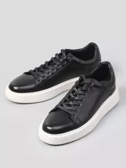 Black Men's Sneakers Genuine Leather Round Toe Lace Up Casual Shoes