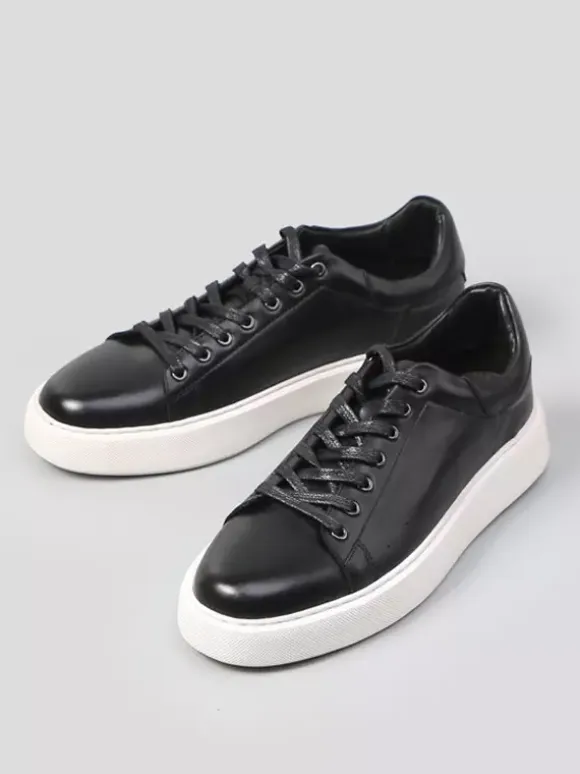 Black Men's Sneakers Genuine Leather Round Toe Lace Up Casual Shoes