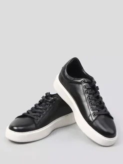 Black Men's Sneakers Genuine Leather Round Toe Lace Up Casual Shoes