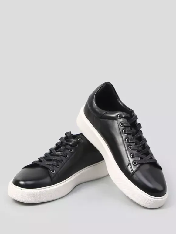 Black Men's Sneakers Genuine Leather Round Toe Lace Up Casual Shoes