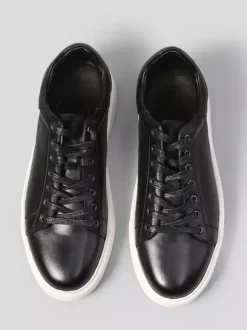 Black Men's Sneakers Genuine Leather Round Toe Lace Up Casual Shoes