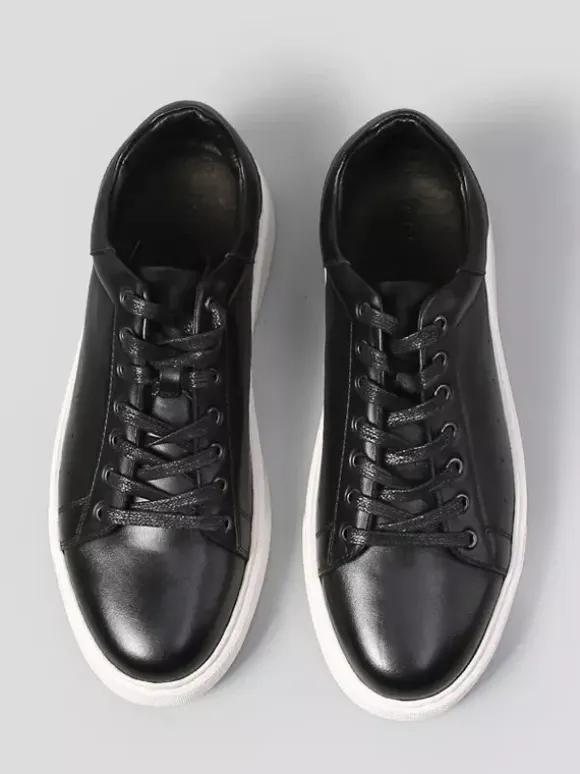 Black Men's Sneakers Genuine Leather Round Toe Lace Up Casual Shoes