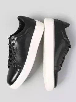 Black Men's Sneakers Genuine Leather Round Toe Lace Up Casual Shoes