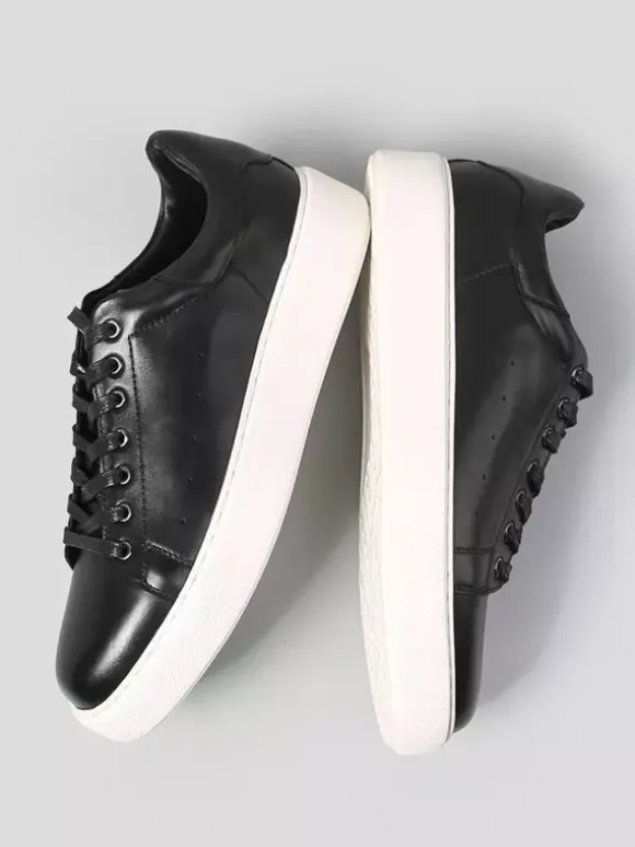 Black Men's Sneakers Genuine Leather Round Toe Lace Up Casual Shoes