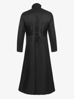 Black Men's Steampunk Victorian Retro Long Coat Back Lace Bandage Double Breast Vintage Overcoat