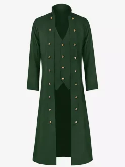 Black Men's Steampunk Victorian Retro Long Coat Back Lace Bandage Double Breast Vintage Overcoat