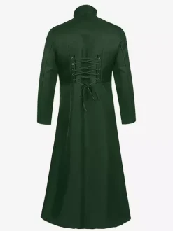 Black Men's Steampunk Victorian Retro Long Coat Back Lace Bandage Double Breast Vintage Overcoat