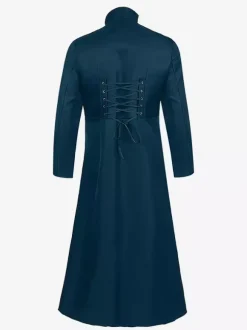 Black Men's Steampunk Victorian Retro Long Coat Back Lace Bandage Double Breast Vintage Overcoat