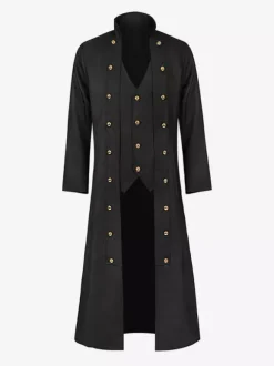 Black Men's Steampunk Victorian Retro Long Coat Back Lace Bandage Double Breast Vintage Overcoat