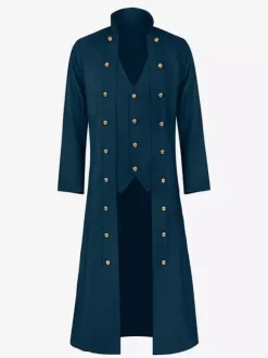 Black Men's Steampunk Victorian Retro Long Coat Back Lace Bandage Double Breast Vintage Overcoat