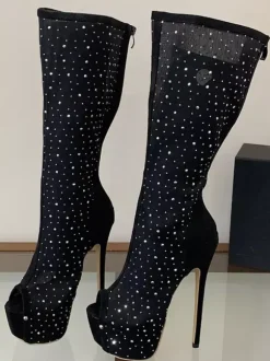 Black Mesh Knee High Boots Platform Peep Toe Rhinestones High Heel Boots