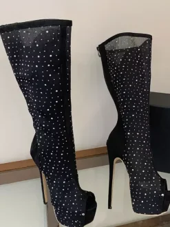 Black Mesh Knee High Boots Platform Peep Toe Rhinestones High Heel Boots