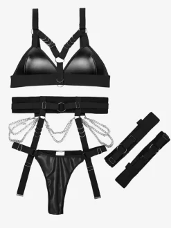Black Metal Details Lingerie Black 3-Piece Bra Panty Sets