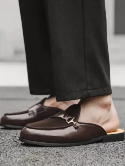 Black Mule Loafers Round Toe Metal Detail Bakcless Loafers