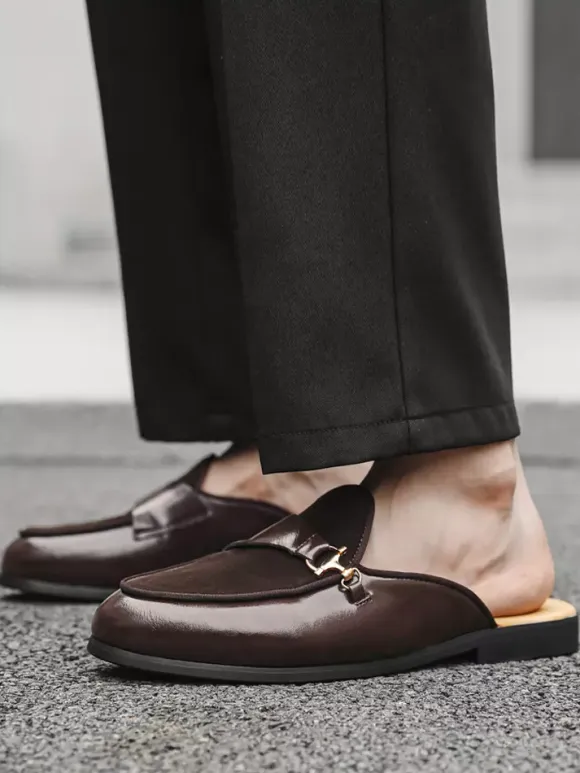 Black Mule Loafers Round Toe Metal Detail Bakcless Loafers