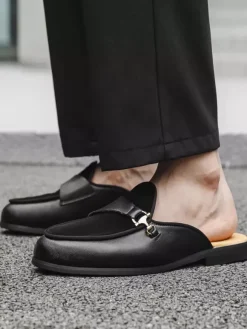 Black Mule Loafers Round Toe Metal Detail Bakcless Loafers