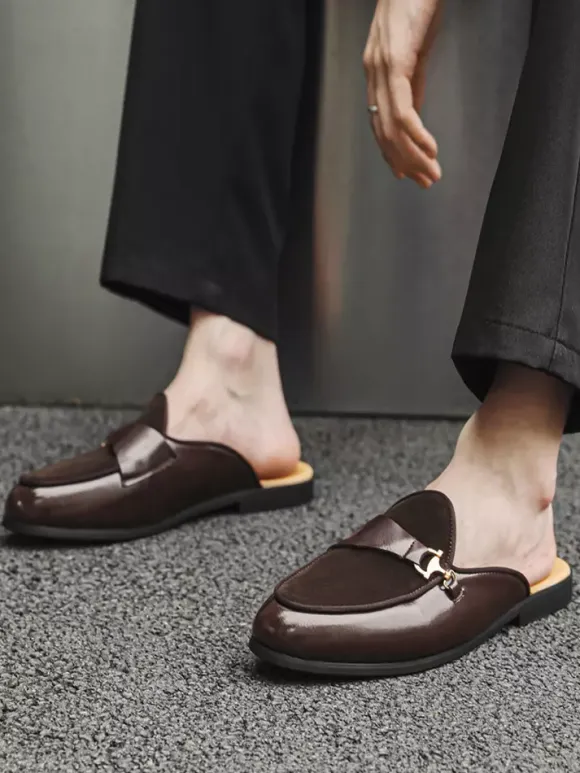 Black Mule Loafers Round Toe Metal Detail Bakcless Loafers