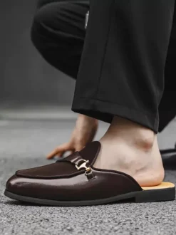 Black Mule Loafers Round Toe Metal Detail Bakcless Loafers