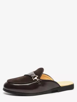 Black Mule Loafers Round Toe Metal Detail Bakcless Loafers