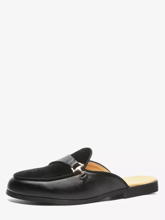 Black Mule Loafers Round Toe Metal Detail Bakcless Loafers