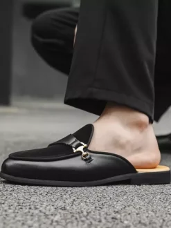 Black Mule Loafers Round Toe Metal Detail Bakcless Loafers