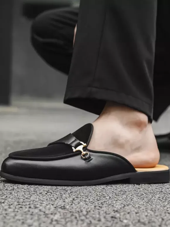 Black Mule Loafers Round Toe Metal Detail Bakcless Loafers