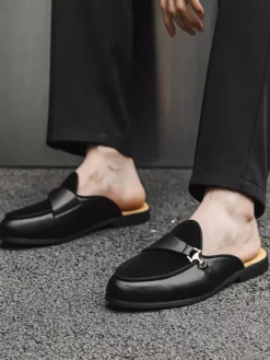 Black Mule Loafers Round Toe Metal Detail Bakcless Loafers