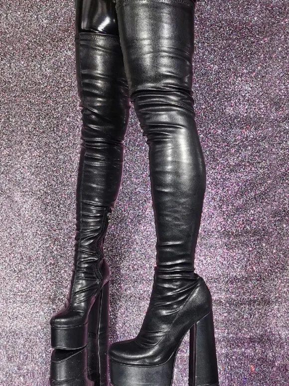 Black Over The Knee Boots Round Toe Platform high Heel Sexy Thigh High Boots