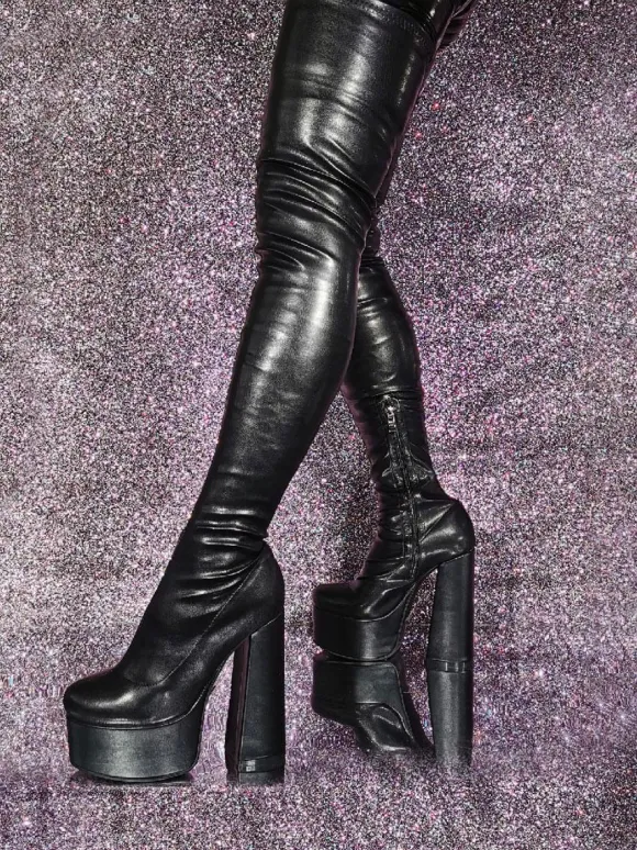 Black Over The Knee Boots Round Toe Platform high Heel Sexy Thigh High Boots