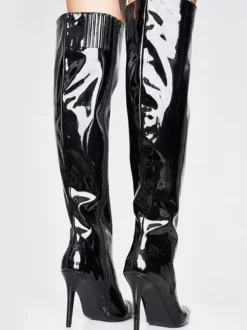 Black Over The Knee Boots Sexy PU Leather Pointed Toe Over The Knee Boots