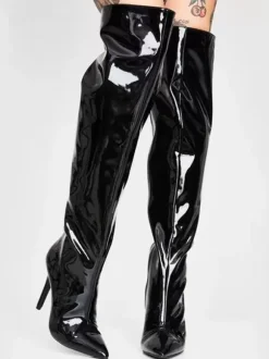 Black Over The Knee Boots Sexy PU Leather Pointed Toe Over The Knee Boots