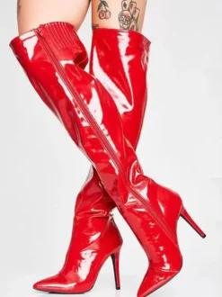 Black Over The Knee Boots Sexy PU Leather Pointed Toe Over The Knee Boots
