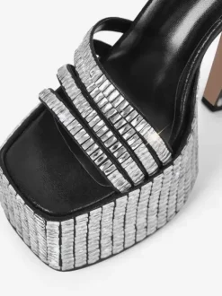 Black Party Shoes Rhinestones Block Heel Platform Anle Strap High Heel Sandals
