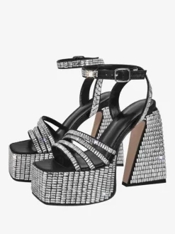 Black Party Shoes Rhinestones Block Heel Platform Anle Strap High Heel Sandals