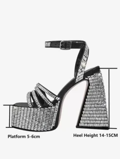 Black Party Shoes Rhinestones Block Heel Platform Anle Strap High Heel Sandals