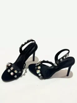 Black Party Shoes Women's Open Toe Rhinestones Slingback High Heel Sandals