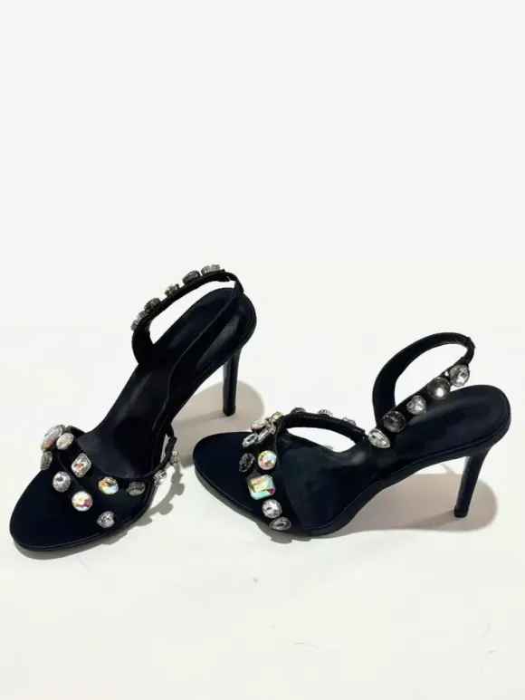 Black Party Shoes Women's Open Toe Rhinestones Slingback High Heel Sandals