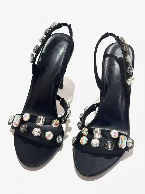 Black Party Shoes Women's Open Toe Rhinestones Slingback High Heel Sandals