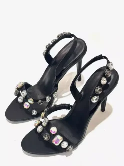 Black Party Shoes Women's Open Toe Rhinestones Slingback High Heel Sandals