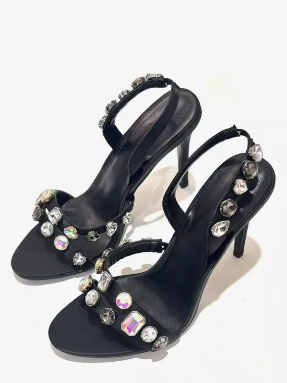 Black Party Shoes Women's Open Toe Rhinestones Slingback High Heel Sandals