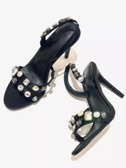 Black Party Shoes Women's Open Toe Rhinestones Slingback High Heel Sandals