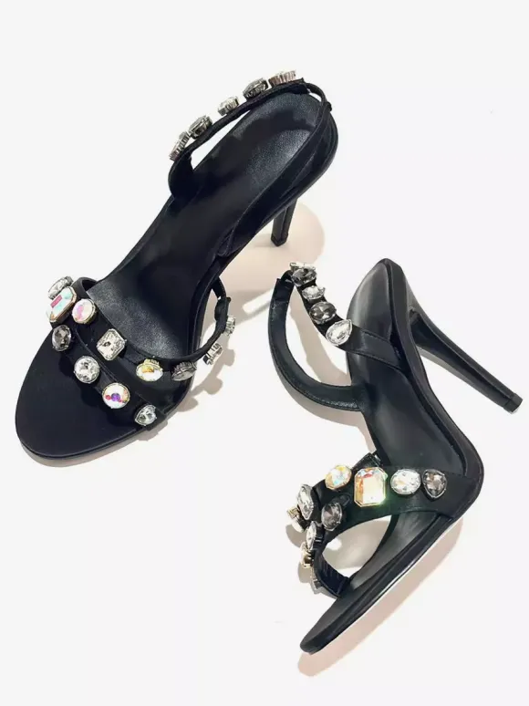 Black Party Shoes Women's Open Toe Rhinestones Slingback High Heel Sandals