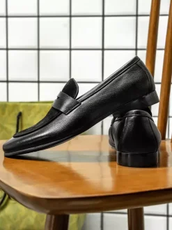 Black Penny Loaferes Cowhide Round Toe Patchwork Slip On Loafers