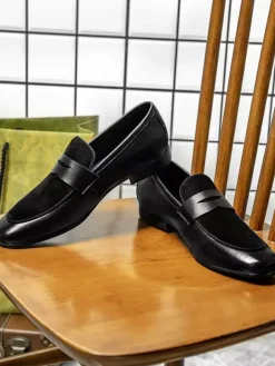 Black Penny Loaferes Cowhide Round Toe Patchwork Slip On Loafers