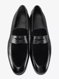 Black Penny Loaferes Cowhide Round Toe Patchwork Slip On Loafers