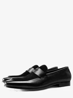 Black Penny Loaferes Cowhide Round Toe Patchwork Slip On Loafers