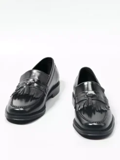Black Penny Loafers For Men Round Toe Slip On Loafers With Tassels