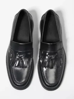 Black Penny Loafers For Men Round Toe Slip On Loafers With Tassels